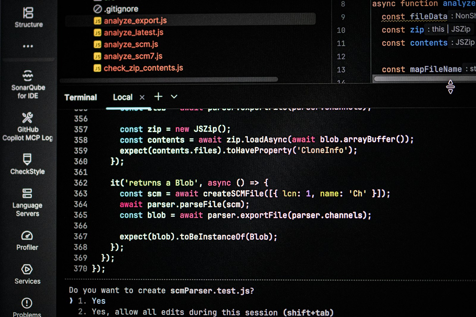 A code editor and terminal running tests, with an AI assistant log panel in the sidebar